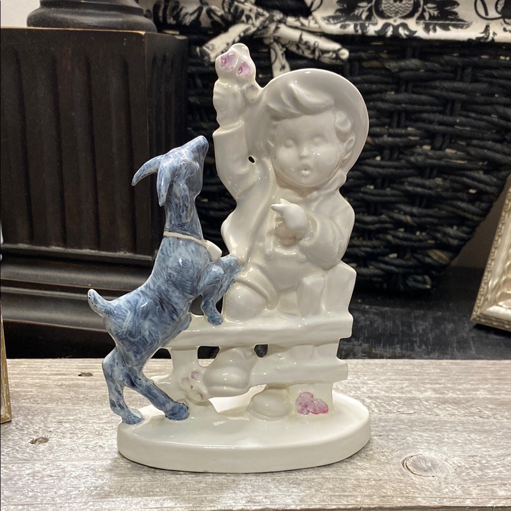 Charming Vintage Porcelain Boy And Goat Figurine with Blue and White Accents!